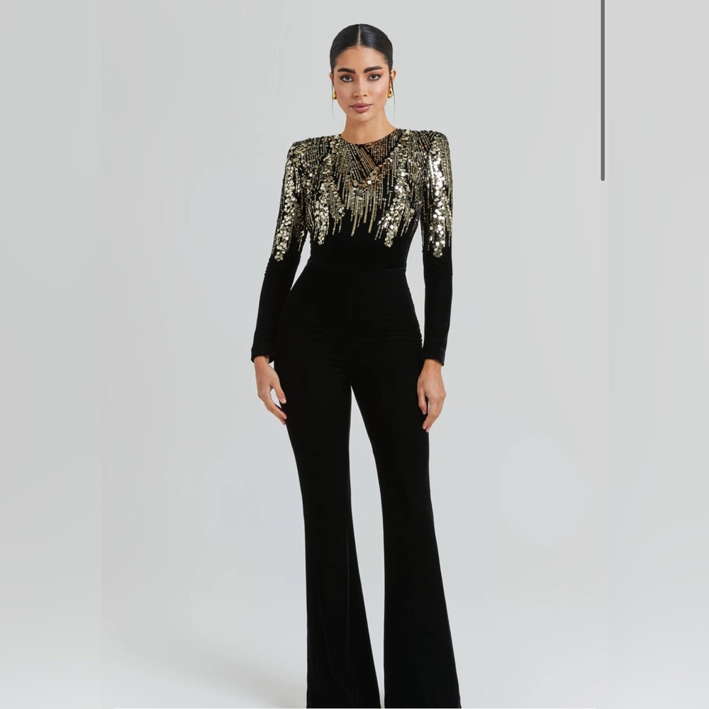 Nadine Merabi KATARINA BLACK VELVET SEQUIN JUMPSUIT